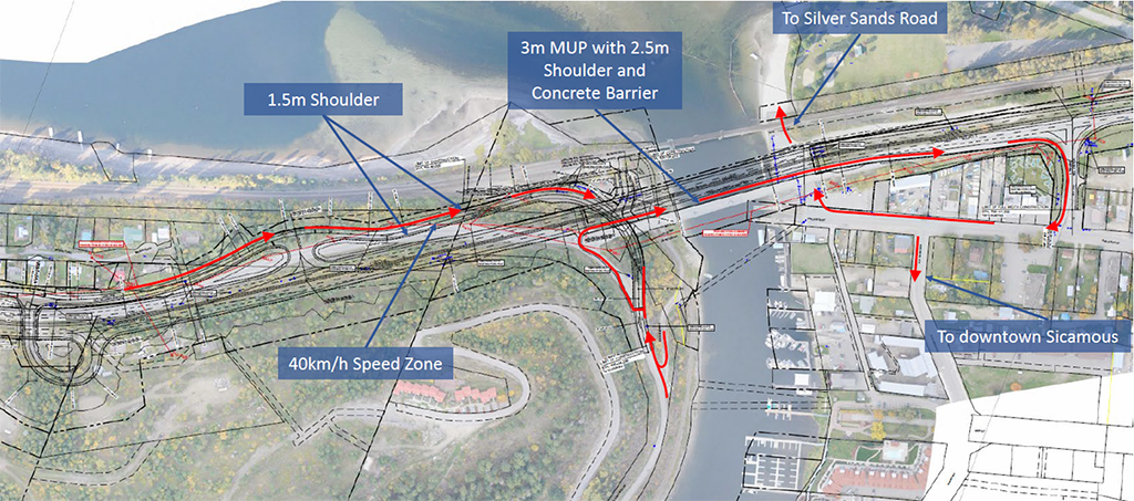 Plans for the multi-use path on the south side of the highway bridge. Includes new 3m wide path along south side of Hiwhay 1 between Old Spallumecheen Road and Gill Avenue. Travel lanes are further separated from the pagth by a 2.5 m wide shoulder adjacent to the barrier. 