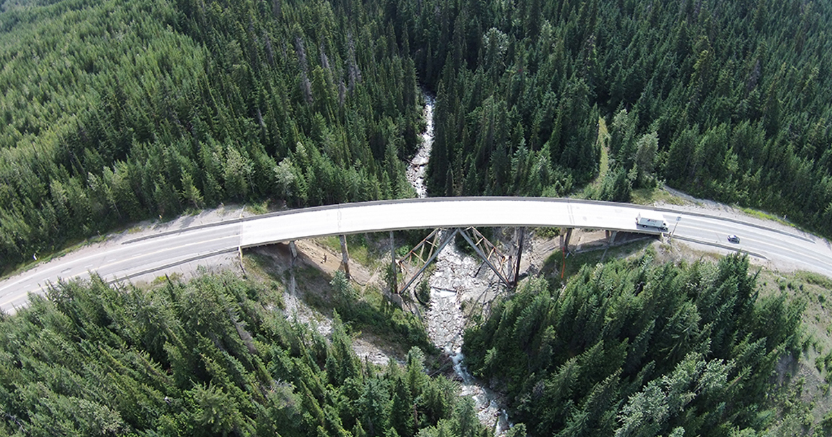 Aerial photo of the Trans-Canada Highway over Quartz Creek