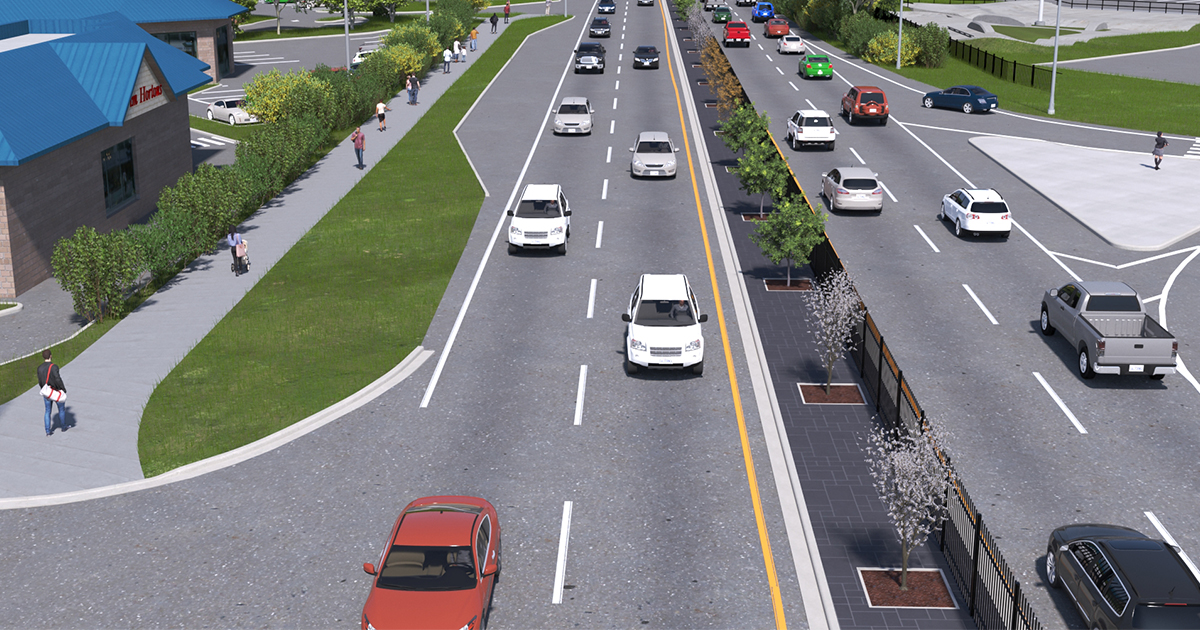 Project rendering - close-up of pedestrian path on the left and continuous landscaped median with 1.8 metre exclusion fencing between northbound and southbound lanes