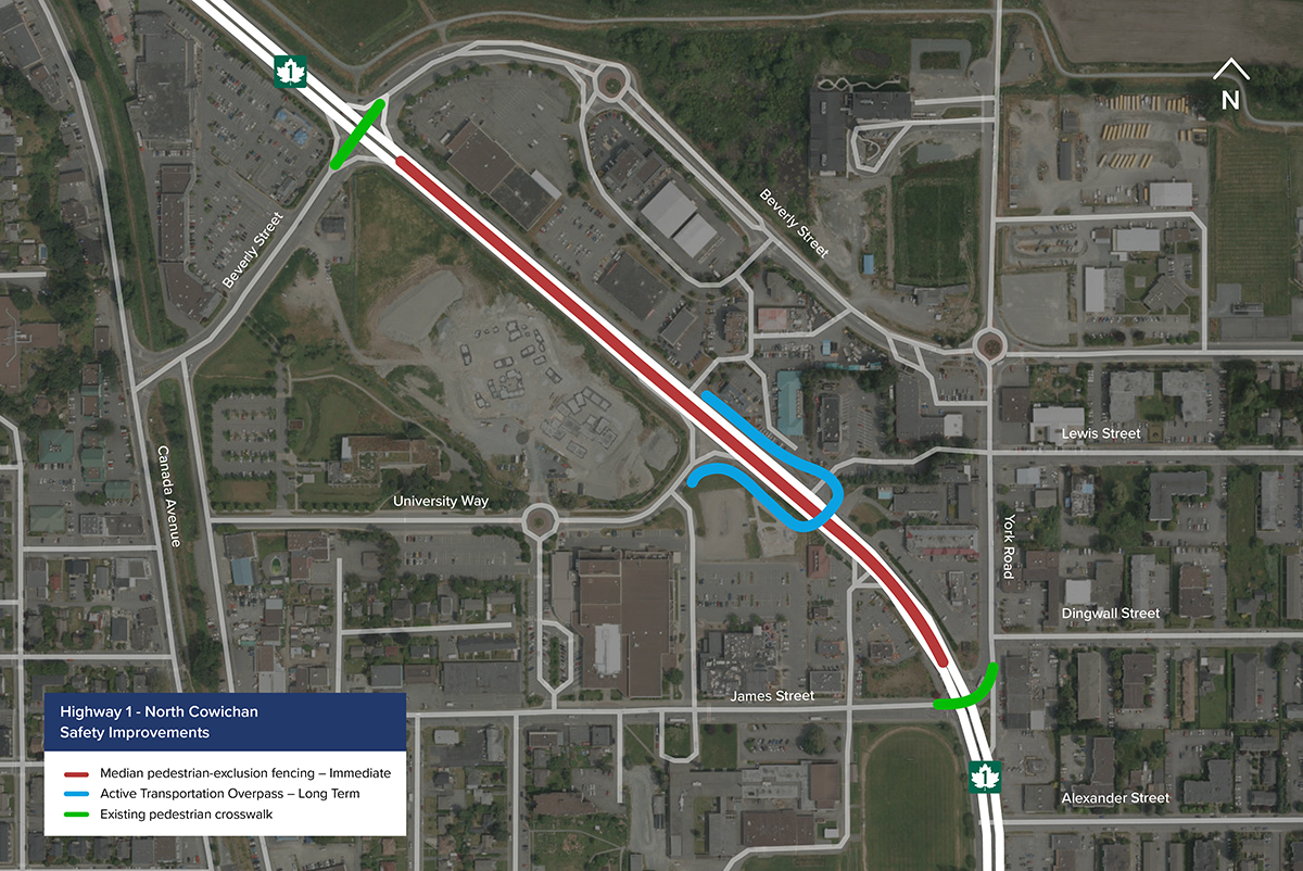 Map of the project showing existing cross-walks at James Street and Beverly Street crossing Highway 1 and the location of the new overpass