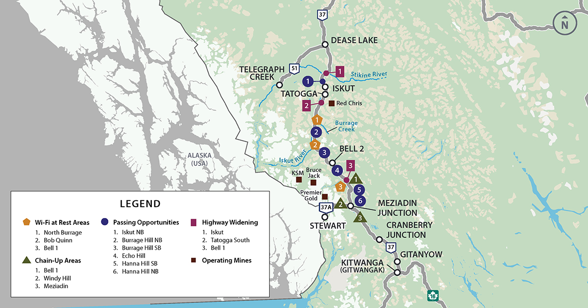 Map of the Northwest Corridor Improvements Program showing locations along Highway 3 where projects will take place. Including Wi-Fi at rest areas at 1. North Burrage, 2 Bob Quiinn, 3. Bell 1 and Chain-up Areas at 1. Bell 1, 2. Windy Hill, 3. Meziadin and Passing Opportunities at 1. Iskut NB, 2. Burrage Hill NB, 3. Burrage Hill SB, 4. Echo Hill, 5. Hanna Hill SB, 6. Hanna Hill NB and Highway Weideninig at 1. Iskut, 2 Tataggo South, 3. Bell 1. Operating Mines are also on the map including Red Chris, KSM, Bruce Jack and Premier Gold. Map of the Northwest Corridor Improvements Program showing locations along Highway 3 where projects will take place. Including Wi-Fi at rest areas at 1. North Burrage, 2 Bob Quiinn, 3. Bell 1 and Chain-up Areas at 1. Bell 1, 2. Windy Hill, 3. Meziadin and Passing Opportunities at 1. Iskut NB, 2. Burrage Hill NB, 3. Burrage Hill SB, 4. Echo Hill, 5. Hanna Hill SB, 6. Hanna Hill NB and Highway Weideninig at 1. Iskut, 2 Tataggo South, 3. Bell 1. Operating Mines are also on the map including Red Chris, KSM, Bruce Jack and Premier Gold.