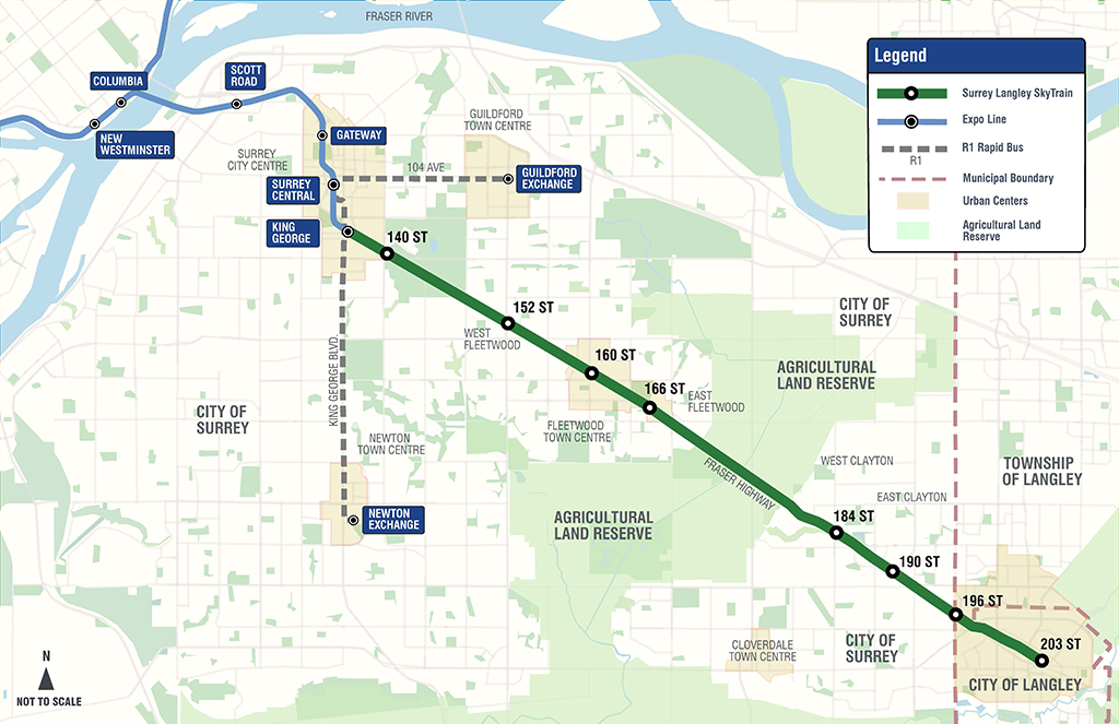 Map of the Surrey Langley SkyTrain Project