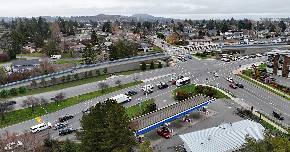 Artist rendering of Tillicum Active Transportation Bridge Project showing the structure over the Tillicum at Higwhay 1 intersection